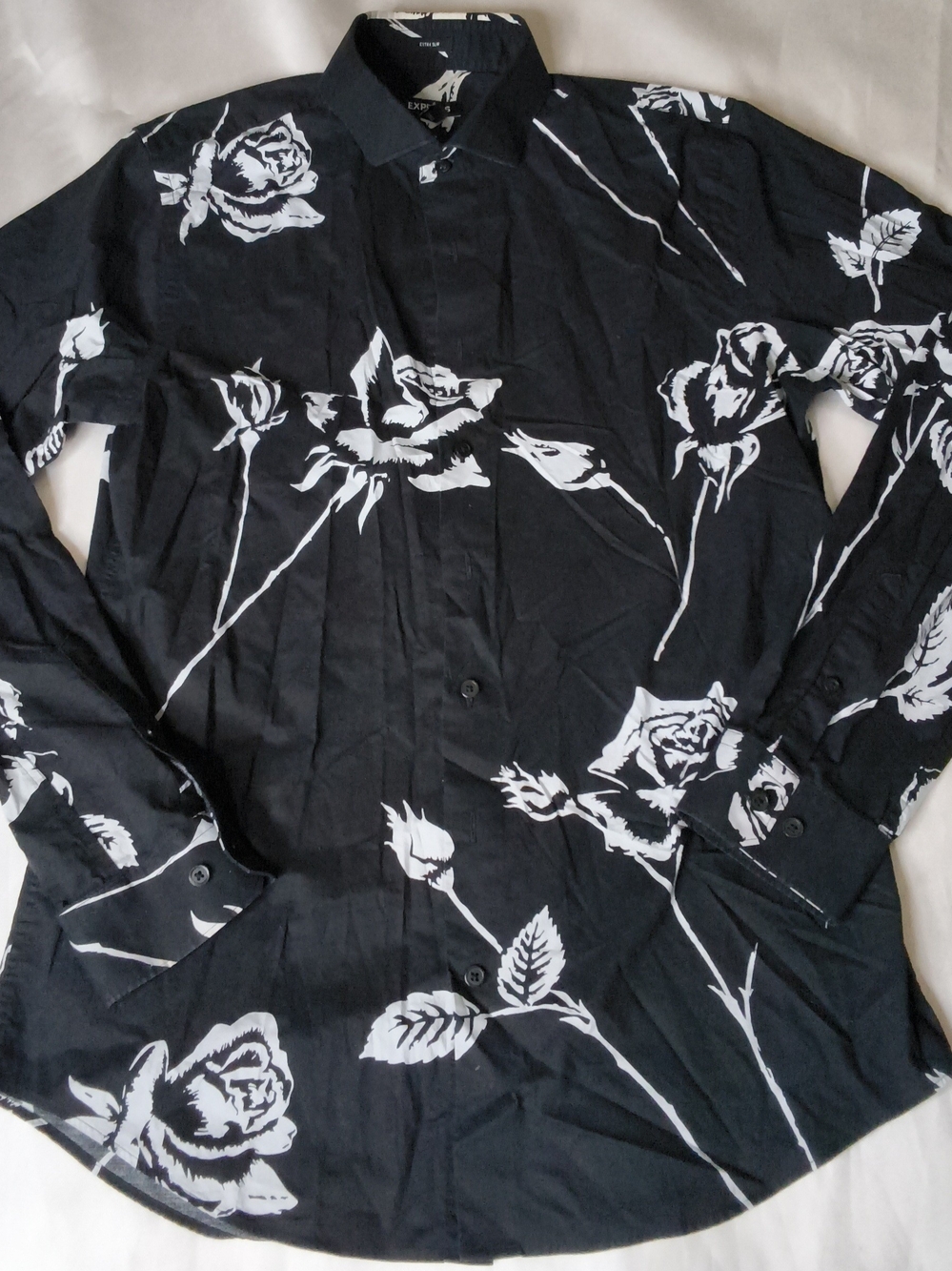 Men's Black Floral Button-Up Shirt - White Rose Print